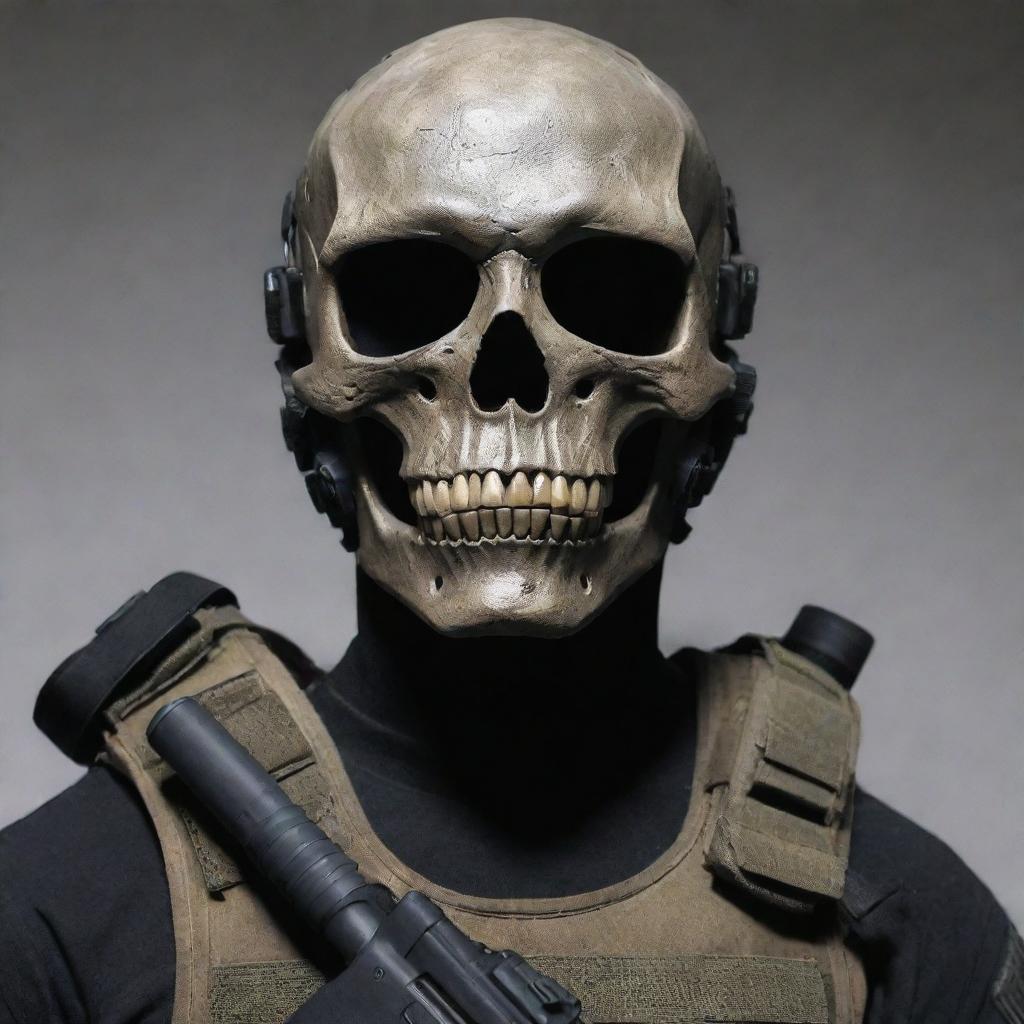 A realistic skull mask, combined with high-tech tactical gear inspired by Call of Duty video game.