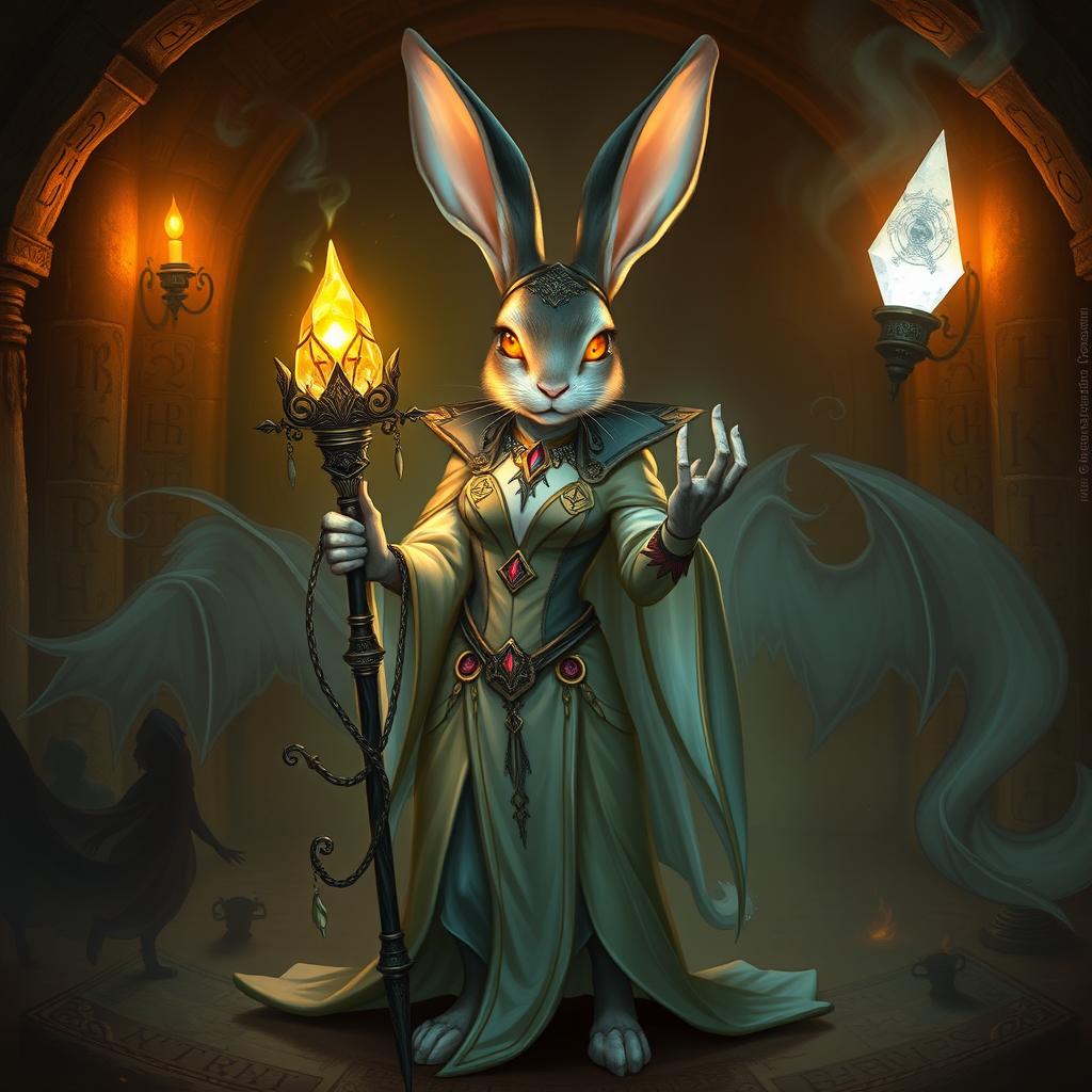 A seductive rabbit necromancer in a fantasy D&D setting, exuding an aura of allure and magic