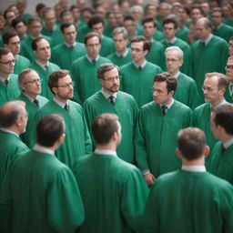 A throng of male scientists, donned in matte green gowns, engaged in intense discussion while staring at a screen radiating nothing but bright white.