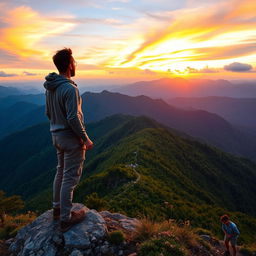 A man standing triumphantly on a mountain peak, with the sun setting in the background casting a golden glow over the landscape