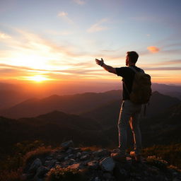 A man standing triumphantly on a mountain peak, with the sun setting in the background casting a golden glow over the landscape