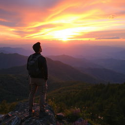 A man standing triumphantly on a mountain peak, with the sun setting in the background casting a golden glow over the landscape