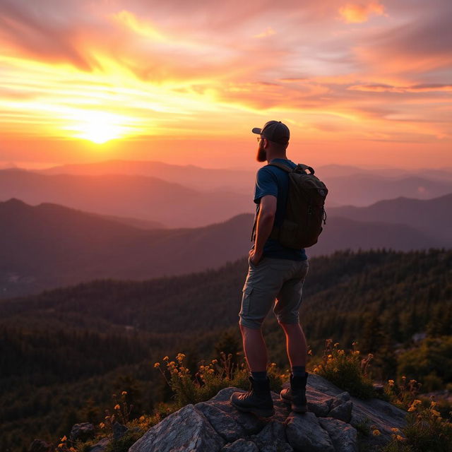 A man standing triumphantly on a mountain peak, with the sun setting in the background casting a golden glow over the landscape