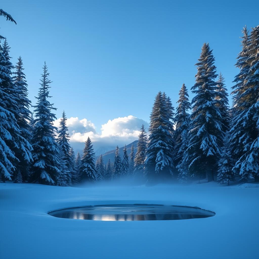 A snowy forest landscape with tall, majestic pine trees