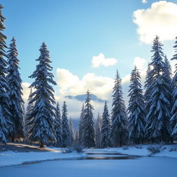 A snowy forest landscape with tall, majestic pine trees