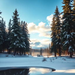 A snowy forest landscape with tall, majestic pine trees