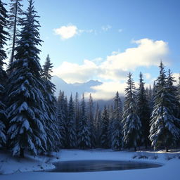 A snowy forest landscape with tall, majestic pine trees