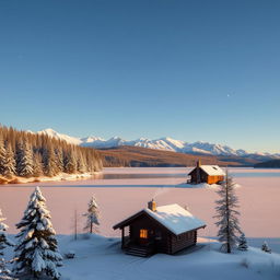 A serene winter landscape with snow-covered pine trees and a frozen lake reflecting the pale light of the setting sun