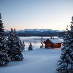 A serene winter landscape with snow-covered pine trees and a frozen lake reflecting the pale light of the setting sun