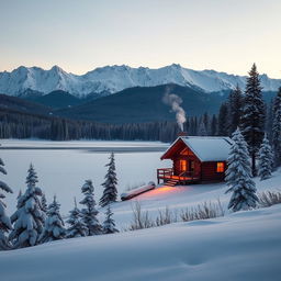 A serene winter landscape with snow-covered pine trees and a frozen lake reflecting the pale light of the setting sun