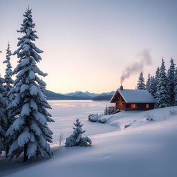 A serene winter landscape with snow-covered pine trees and a frozen lake reflecting the pale light of the setting sun