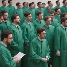 A throng of male scientists, donned in matte green gowns, engaged in intense discussion while staring at a screen radiating nothing but bright white.