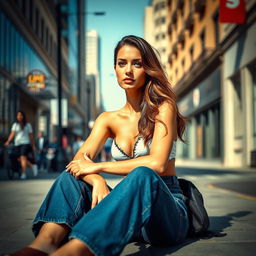 A sensual girl sitting on the street sidewalk during a bright, sunny day