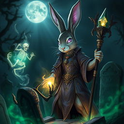 A seductive rabbit necromancer in a fantasy D&D setting, performing a spell to raise the dead