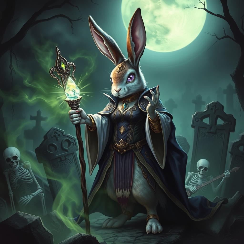 A seductive rabbit necromancer in a fantasy D&D setting, performing a spell to raise the dead