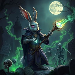 A seductive rabbit necromancer in a fantasy D&D setting, performing a spell to raise the dead