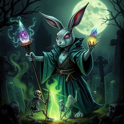 A seductive rabbit necromancer in a fantasy D&D setting, performing a spell to raise the dead