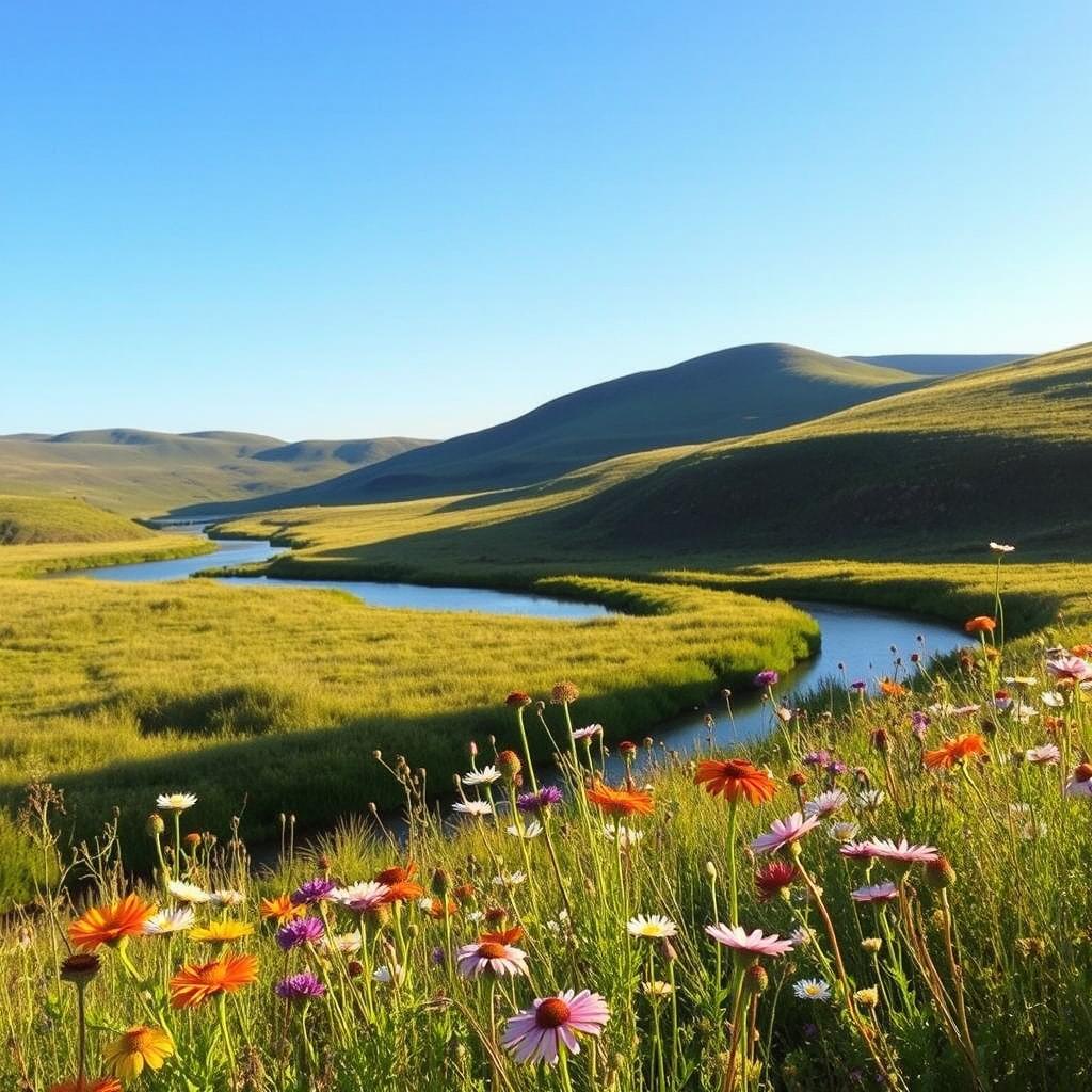 A serene and picturesque landscape featuring a variety of wildflowers in full bloom, set amidst rolling hills under a clear blue sky