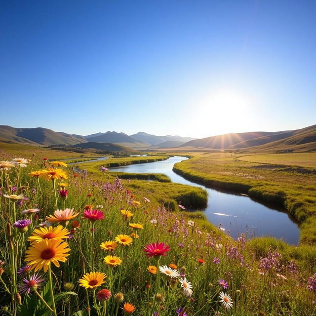 A serene and picturesque landscape featuring a variety of wildflowers in full bloom, set amidst rolling hills under a clear blue sky