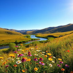 A serene and picturesque landscape featuring a variety of wildflowers in full bloom, set amidst rolling hills under a clear blue sky