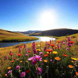 A serene and picturesque landscape featuring a variety of wildflowers in full bloom, set amidst rolling hills under a clear blue sky