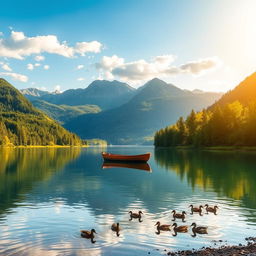 An idyllic landscape featuring a serene lake surrounded by lush green forests and majestic mountains in the background