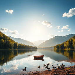 An idyllic landscape featuring a serene lake surrounded by lush green forests and majestic mountains in the background