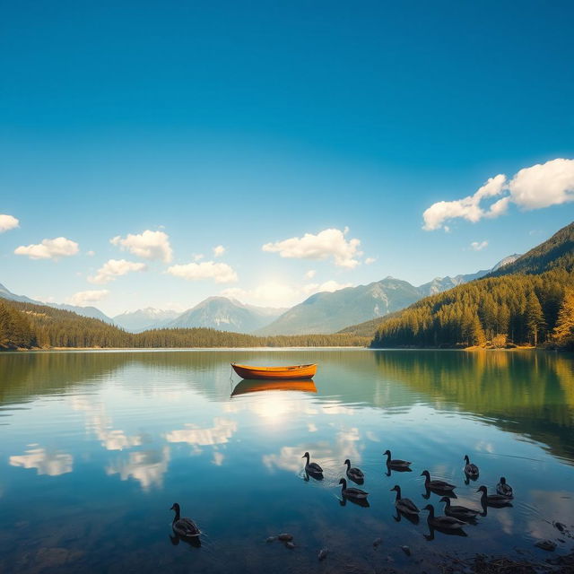 An idyllic landscape featuring a serene lake surrounded by lush green forests and majestic mountains in the background