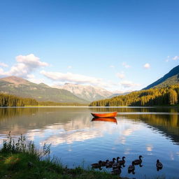 An idyllic landscape featuring a serene lake surrounded by lush green forests and majestic mountains in the background