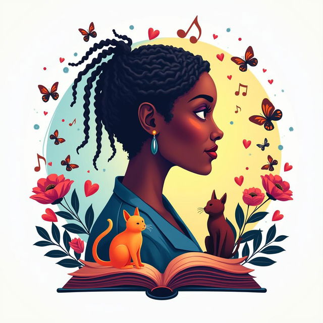 Design a vibrant and engaging logo for a health and wellness book featuring a side silhouette of a lady with short dreadlocks, with music notes, butterflies, two cats, and a book in vibrant colors