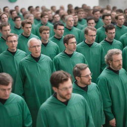 A throng of male scientists, donned in matte green gowns, engaged in intense discussion while staring at a screen radiating nothing but bright white.