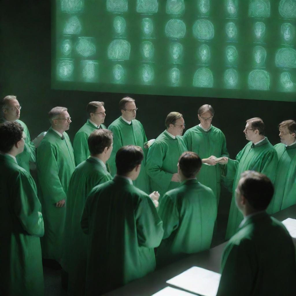 Digital art of numerous male scientists wearing matte green gowns, engrossed in fervent discussions, with their focus on a screen projecting nothing but bright white light.