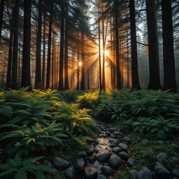 A magnificent forest scene captured at dawn, with golden rays of sunlight breaking through dense, tall trees