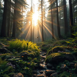 A magnificent forest scene captured at dawn, with golden rays of sunlight breaking through dense, tall trees