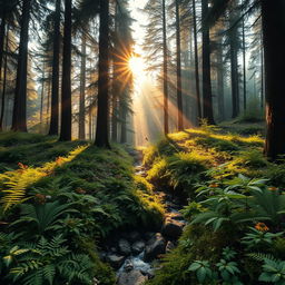 A magnificent forest scene captured at dawn, with golden rays of sunlight breaking through dense, tall trees