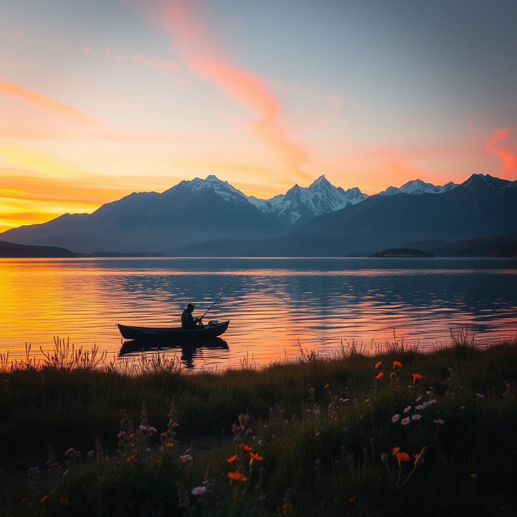 A serene landscape during a golden sunset, with a large tranquil lake reflecting the vibrant orange and pink hues of the sky