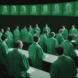 Digital art of numerous male scientists wearing matte green gowns, engrossed in fervent discussions, with their focus on a screen projecting nothing but bright white light.