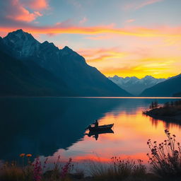 A serene landscape during a golden sunset, with a large tranquil lake reflecting the vibrant orange and pink hues of the sky