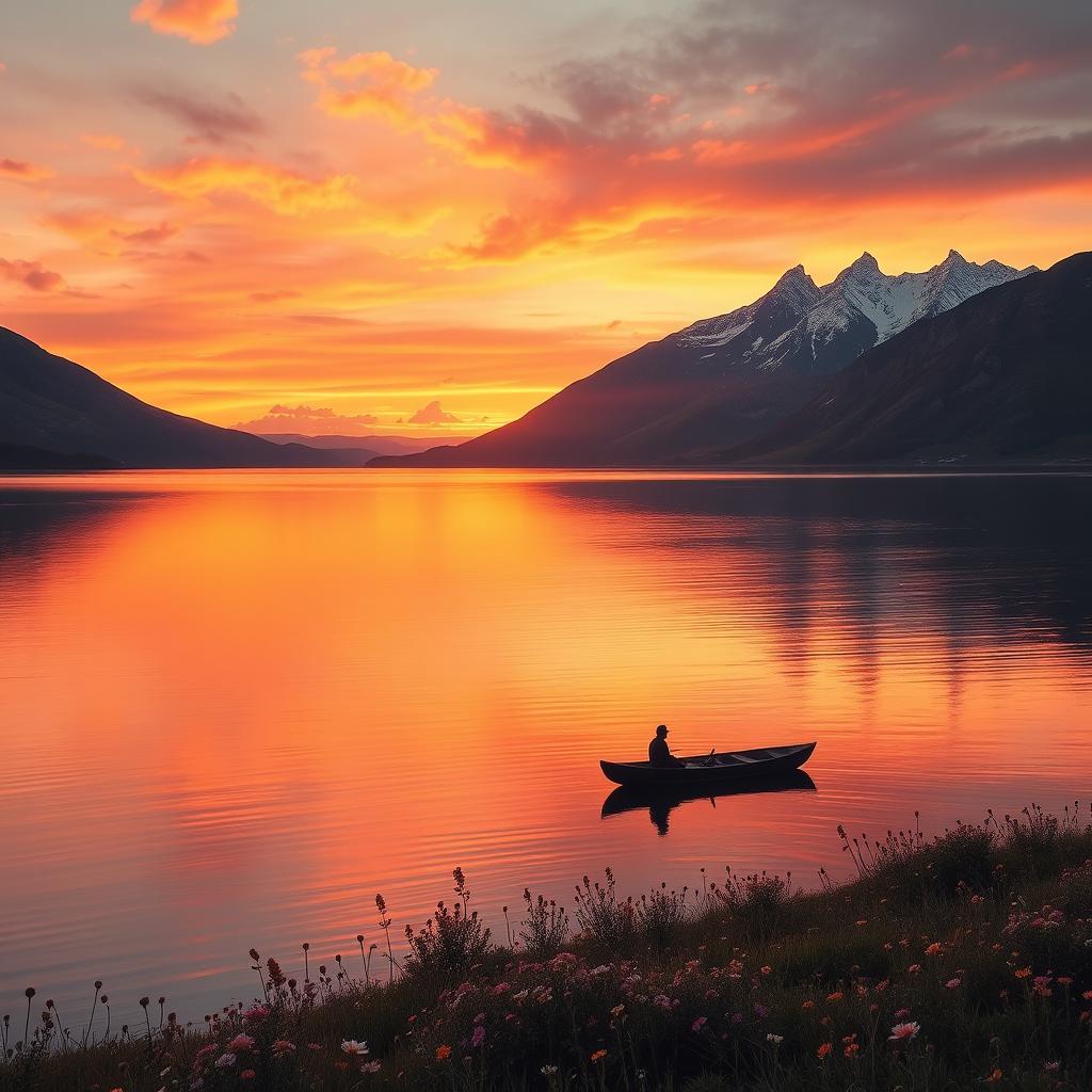 A serene landscape during a golden sunset, with a large tranquil lake reflecting the vibrant orange and pink hues of the sky