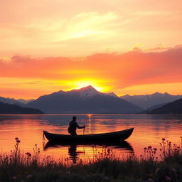 A serene landscape during a golden sunset, with a large tranquil lake reflecting the vibrant orange and pink hues of the sky