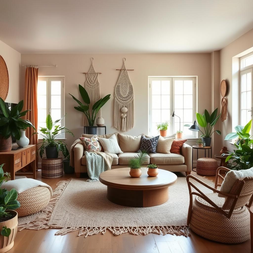 a boho chic living room with a warm and inviting atmosphere