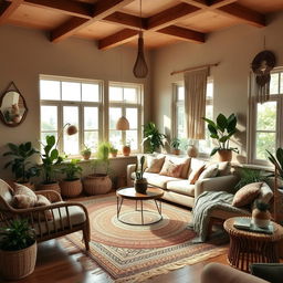 a boho chic living room with a warm and inviting atmosphere