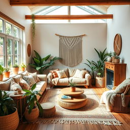 a boho chic living room with a warm and inviting atmosphere