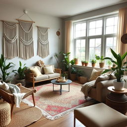 a boho chic living room with a warm and inviting atmosphere