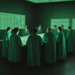 Digital art of numerous male scientists wearing matte green gowns, engrossed in fervent discussions, with their focus on a screen projecting nothing but bright white light.