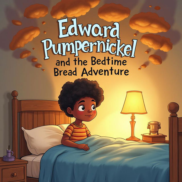 A whimsical book cover for 'Edward Pumpernickel and the Bedtime Bread Adventure,' featuring a young African American boy named Edward in his cozy bedroom, getting ready for bed