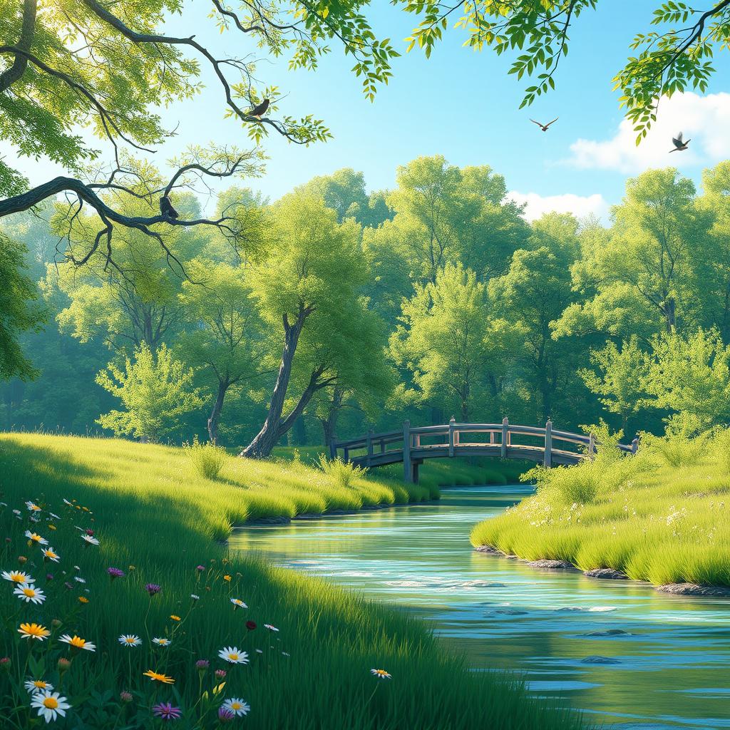 A serene landscape with a gentle river flowing through a lush green forest, under a clear blue sky