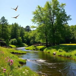 A serene landscape with a gentle river flowing through a lush green forest, under a clear blue sky