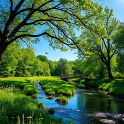 A serene landscape with a gentle river flowing through a lush green forest, under a clear blue sky