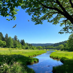 A serene landscape with a gentle river flowing through a lush green forest, under a clear blue sky